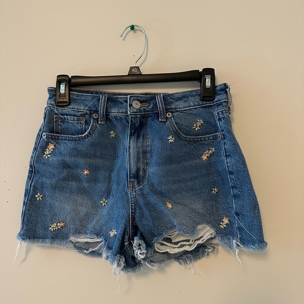 American Eagle Blue Distressed Floral Jean Shorts